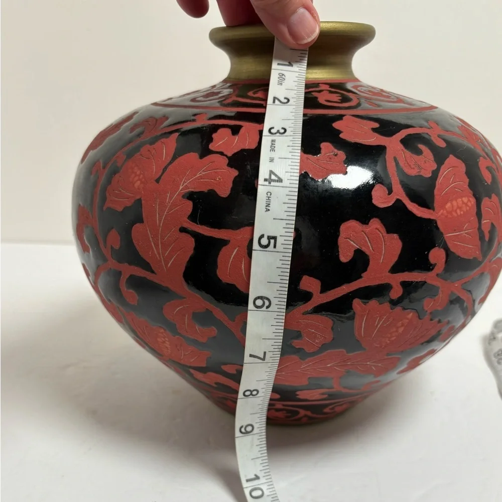 Vintage Hand Enameled Black on Red Floral Porcelain Round Decorarive Vase